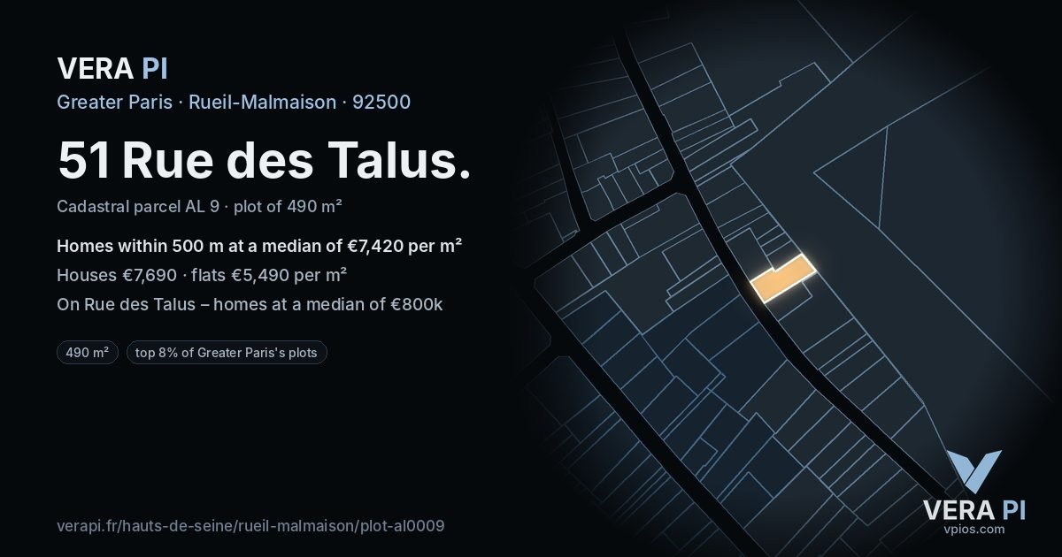 51 Rue des Talus, Rueil-Malmaison at night – the plot lit, the parcels around coloured by the prices near them