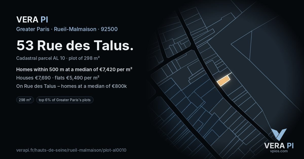53 Rue des Talus, Rueil-Malmaison at night – the plot lit, the parcels around coloured by the prices near them