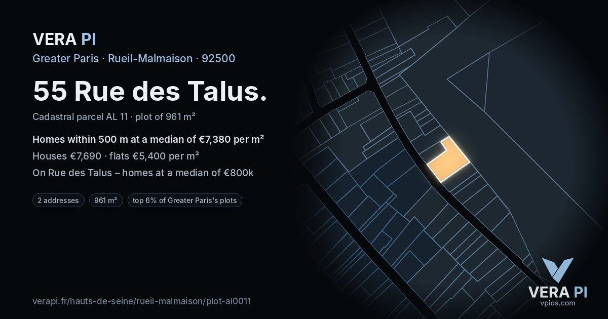 55 Rue des Talus, Rueil-Malmaison at night – the plot lit, the parcels around coloured by the prices near them