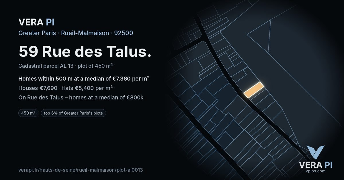 59 Rue des Talus, Rueil-Malmaison at night – the plot lit, the parcels around coloured by the prices near them