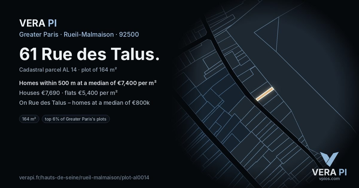 61 Rue des Talus, Rueil-Malmaison at night – the plot lit, the parcels around coloured by the prices near them