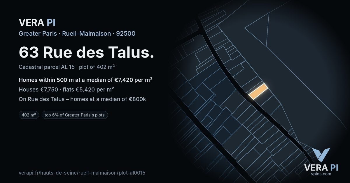 63 Rue des Talus, Rueil-Malmaison at night – the plot lit, the parcels around coloured by the prices near them