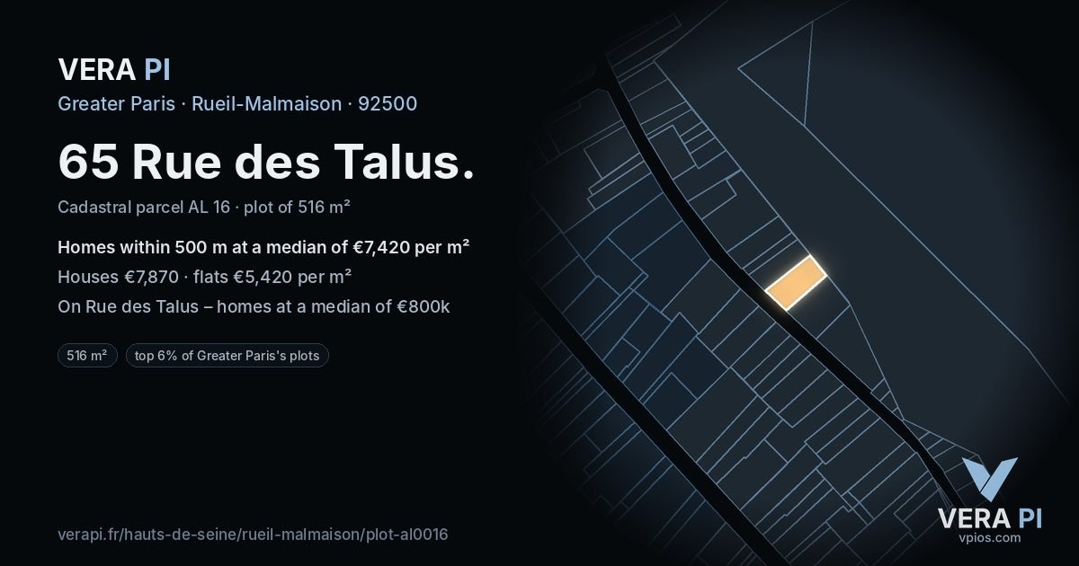 65 Rue des Talus, Rueil-Malmaison at night – the plot lit, the parcels around coloured by the prices near them