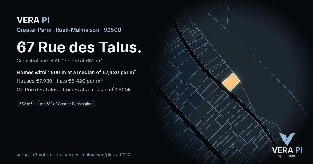 67 Rue des Talus, Rueil-Malmaison at night – the plot lit, the parcels around coloured by the prices near them