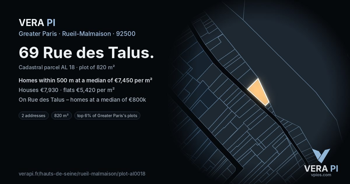 69 Rue des Talus, Rueil-Malmaison at night – the plot lit, the parcels around coloured by the prices near them