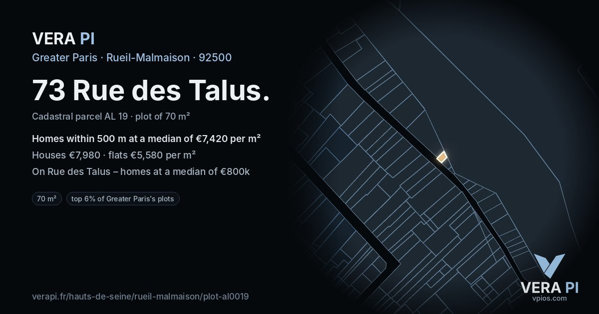 73 Rue des Talus, Rueil-Malmaison at night – the plot lit, the parcels around coloured by the prices near them