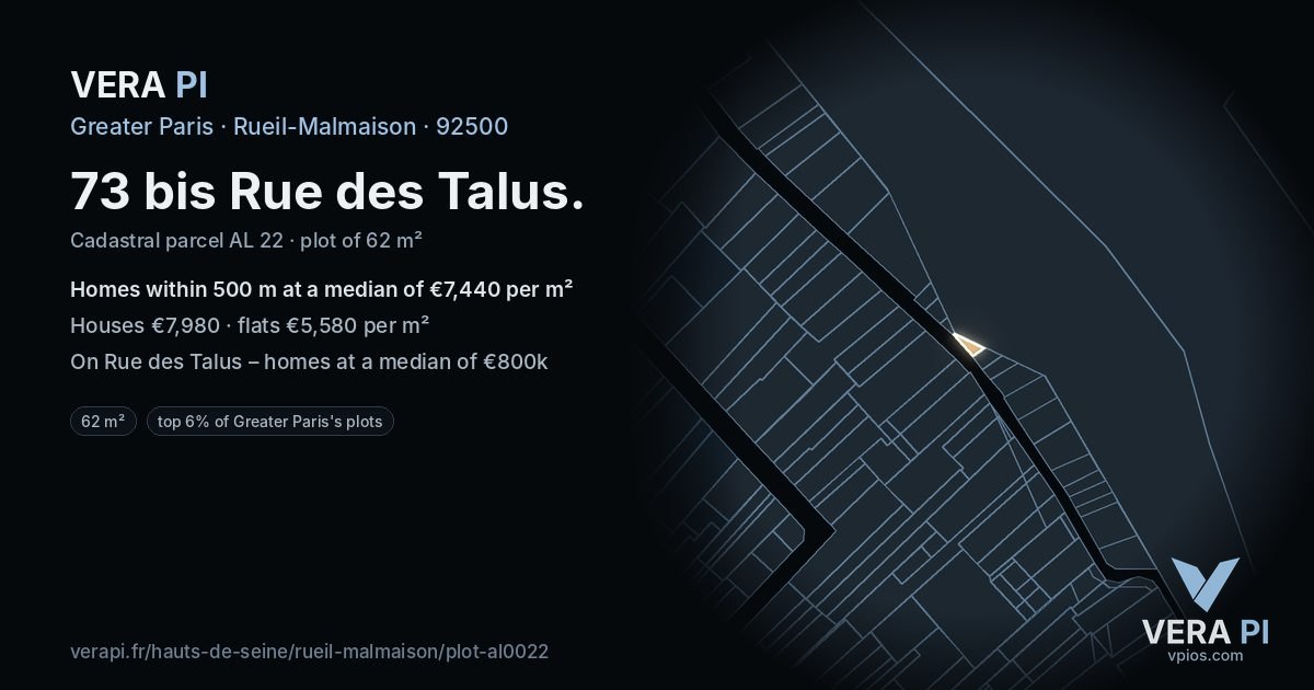 73 bis Rue des Talus, Rueil-Malmaison at night – the plot lit, the parcels around coloured by the prices near them
