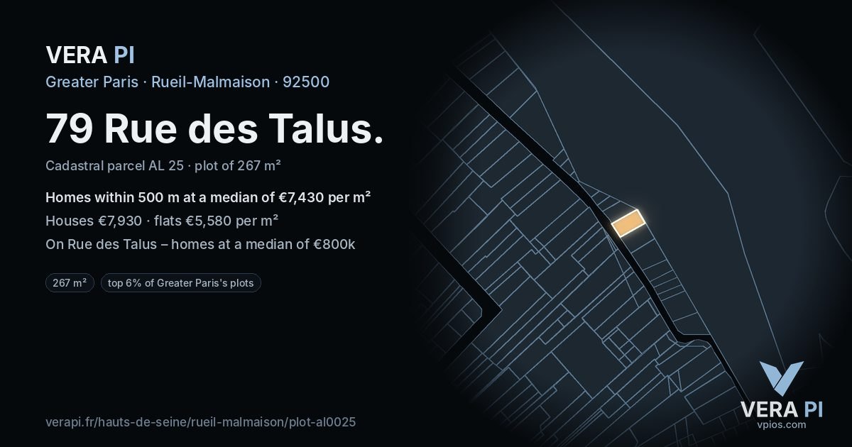 79 Rue des Talus, Rueil-Malmaison at night – the plot lit, the parcels around coloured by the prices near them
