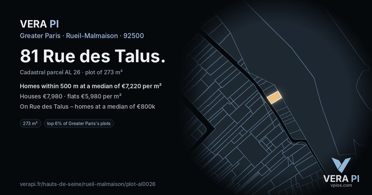 81 Rue des Talus, Rueil-Malmaison at night – the plot lit, the parcels around coloured by the prices near them