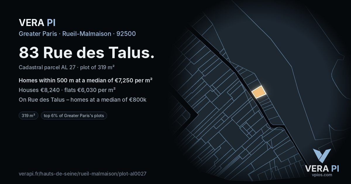 83 Rue des Talus, Rueil-Malmaison at night – the plot lit, the parcels around coloured by the prices near them