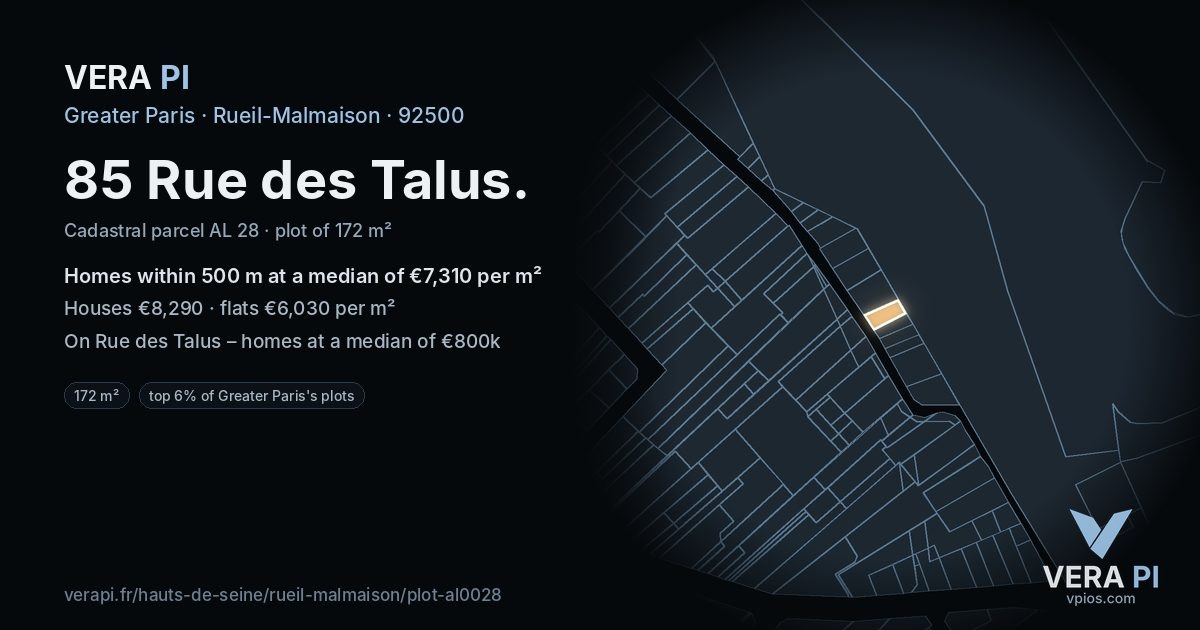 85 Rue des Talus, Rueil-Malmaison at night – the plot lit, the parcels around coloured by the prices near them