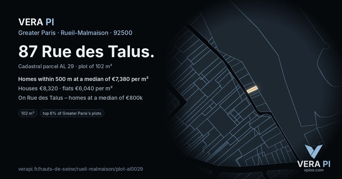 87 Rue des Talus, Rueil-Malmaison at night – the plot lit, the parcels around coloured by the prices near them