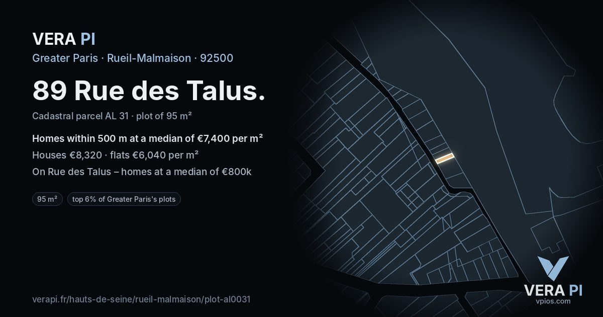 89 Rue des Talus, Rueil-Malmaison at night – the plot lit, the parcels around coloured by the prices near them