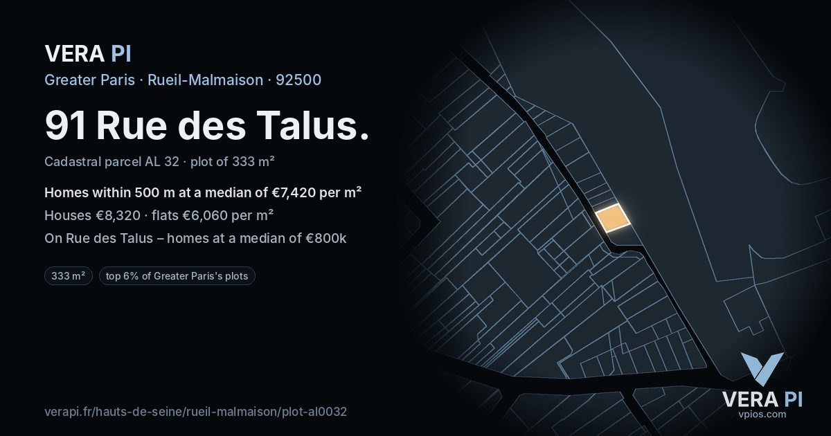 91 Rue des Talus, Rueil-Malmaison at night – the plot lit, the parcels around coloured by the prices near them