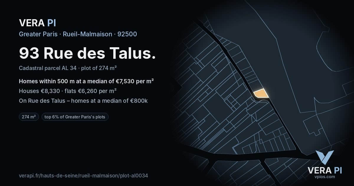 93 Rue des Talus, Rueil-Malmaison at night – the plot lit, the parcels around coloured by the prices near them
