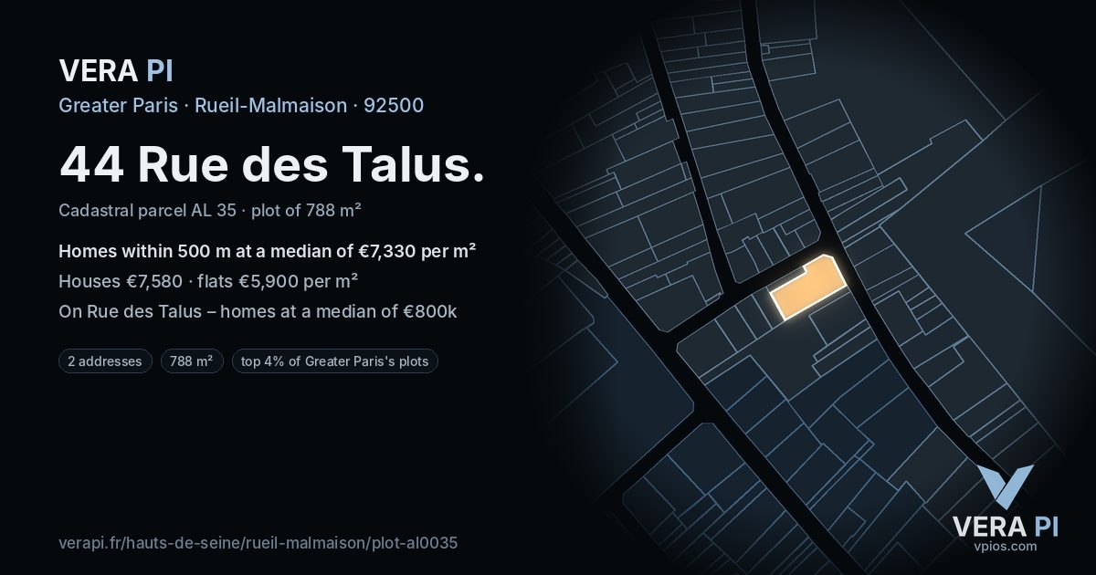 44 Rue des Talus, Rueil-Malmaison at night – the plot lit, the parcels around coloured by the prices near them