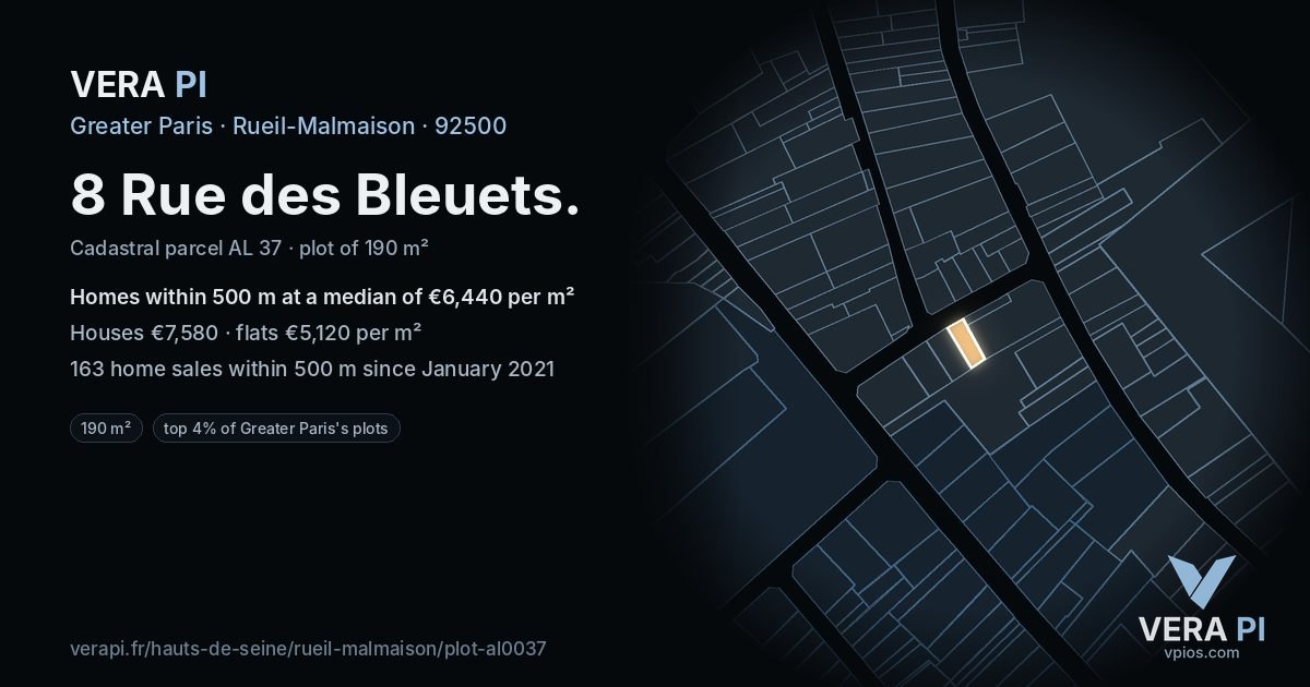 8 Rue des Bleuets, Rueil-Malmaison at night – the plot lit, the parcels around coloured by the prices near them