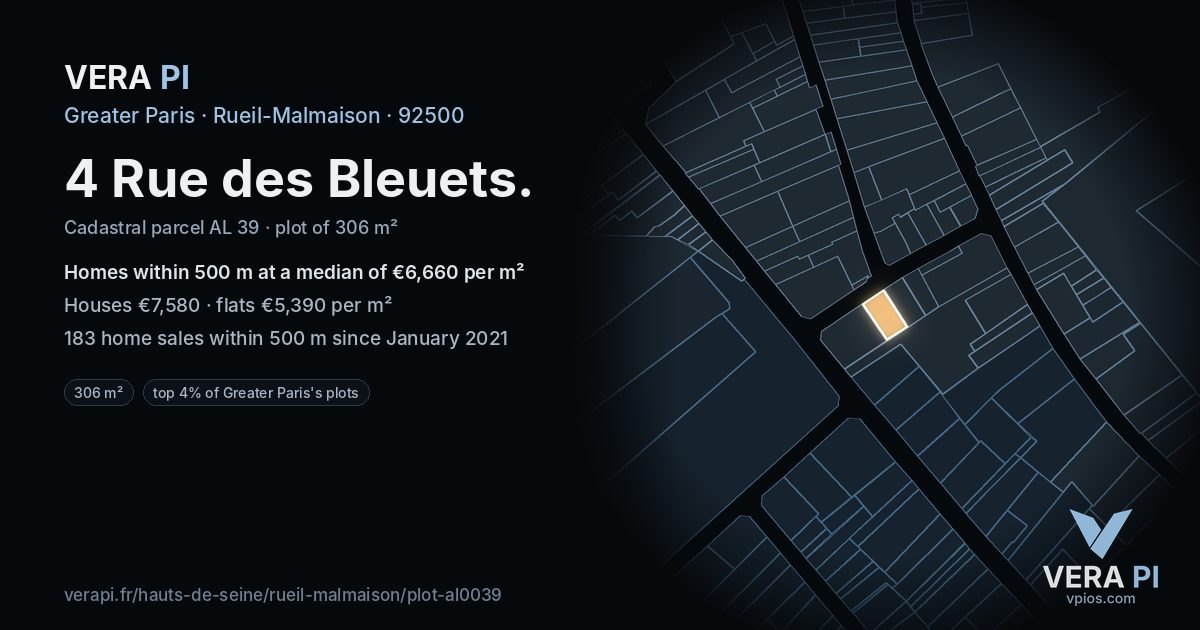 4 Rue des Bleuets, Rueil-Malmaison at night – the plot lit, the parcels around coloured by the prices near them