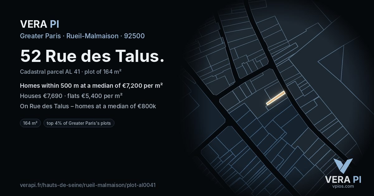 52 Rue des Talus, Rueil-Malmaison at night – the plot lit, the parcels around coloured by the prices near them