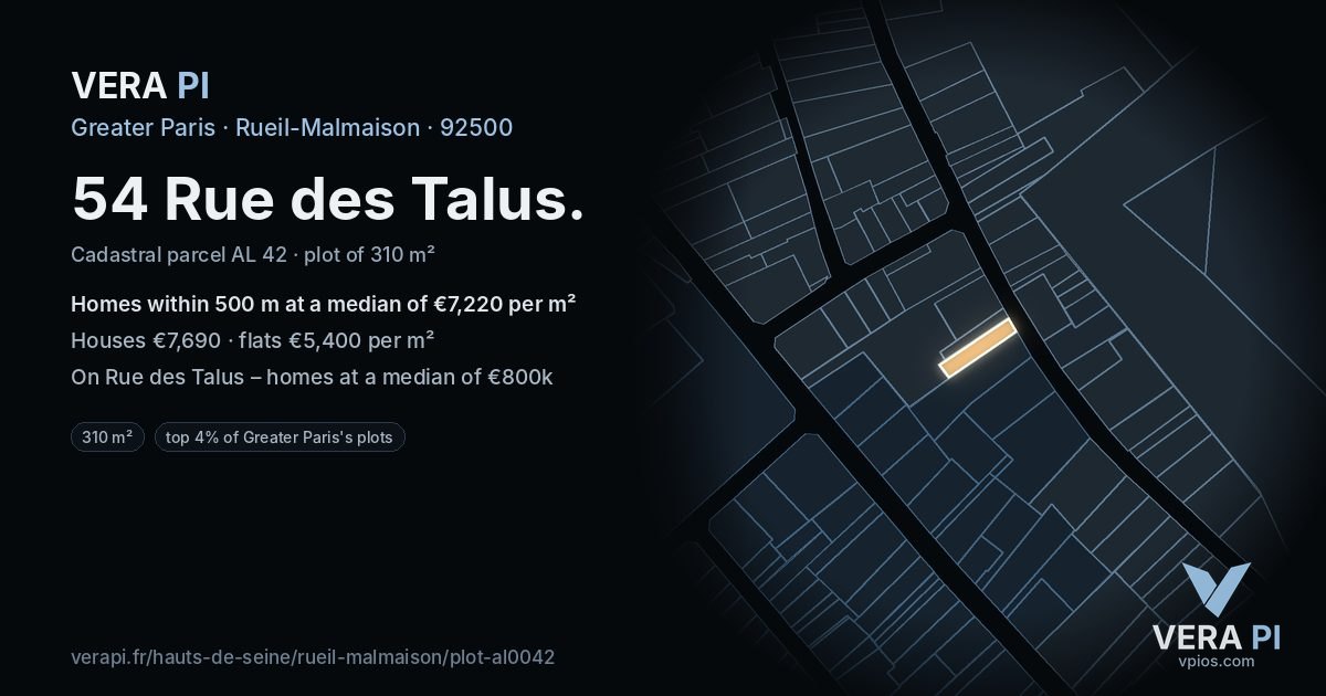 54 Rue des Talus, Rueil-Malmaison at night – the plot lit, the parcels around coloured by the prices near them