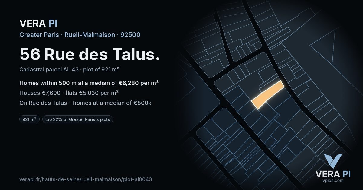 56 Rue des Talus, Rueil-Malmaison at night – the plot lit, the parcels around coloured by the prices near them