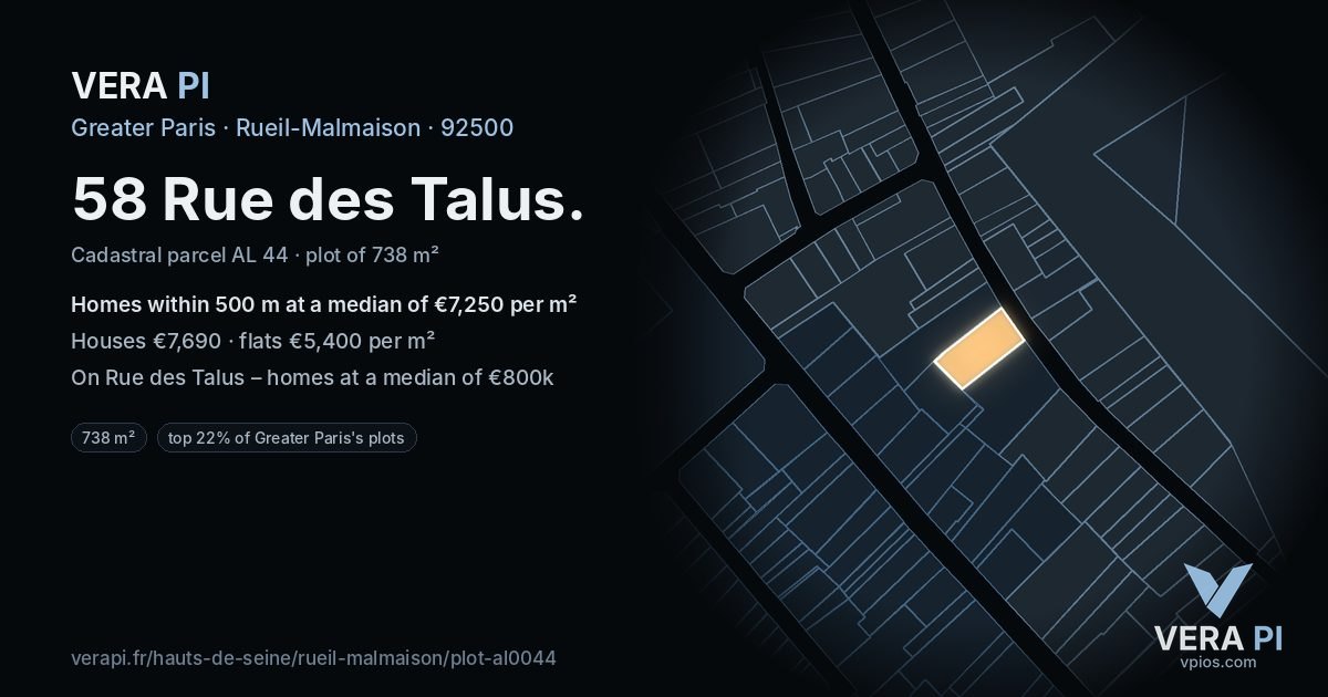 58 Rue des Talus, Rueil-Malmaison at night – the plot lit, the parcels around coloured by the prices near them