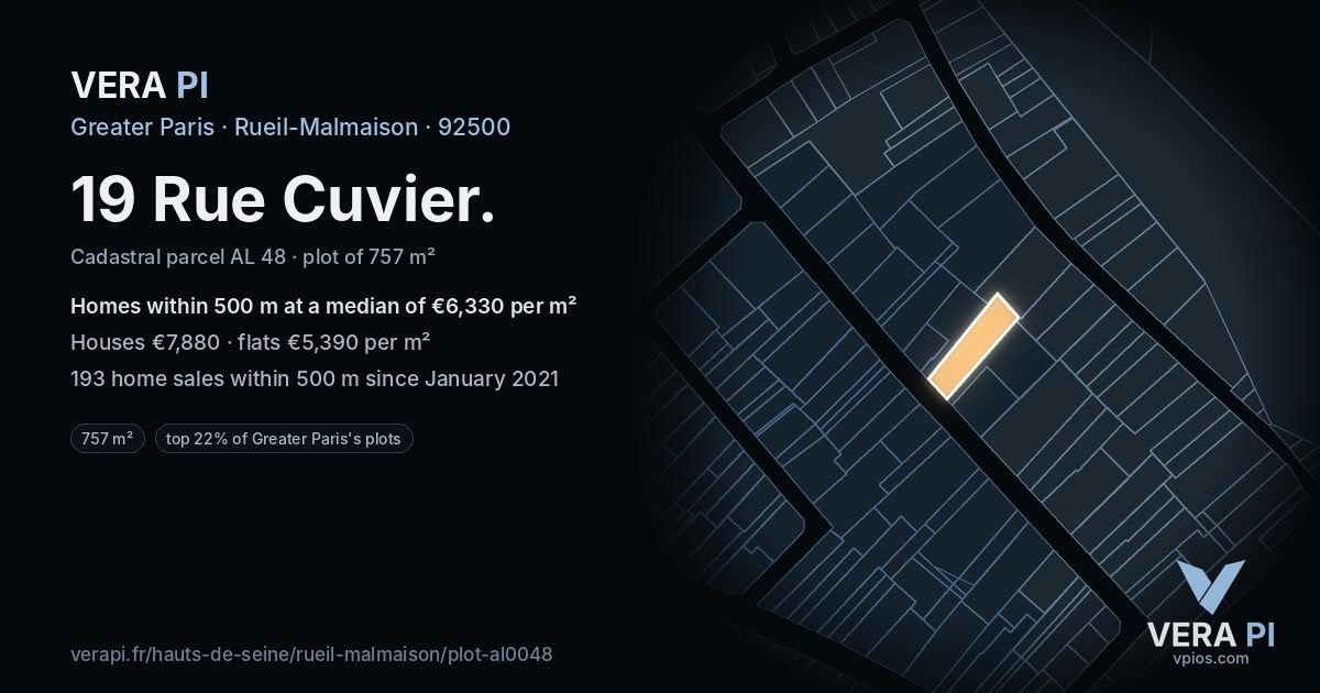 19 Rue Cuvier, Rueil-Malmaison at night – the plot lit, the parcels around coloured by the prices near them