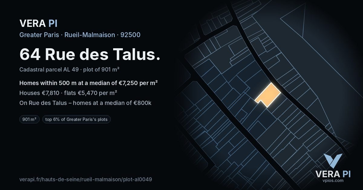 64 Rue des Talus, Rueil-Malmaison at night – the plot lit, the parcels around coloured by the prices near them