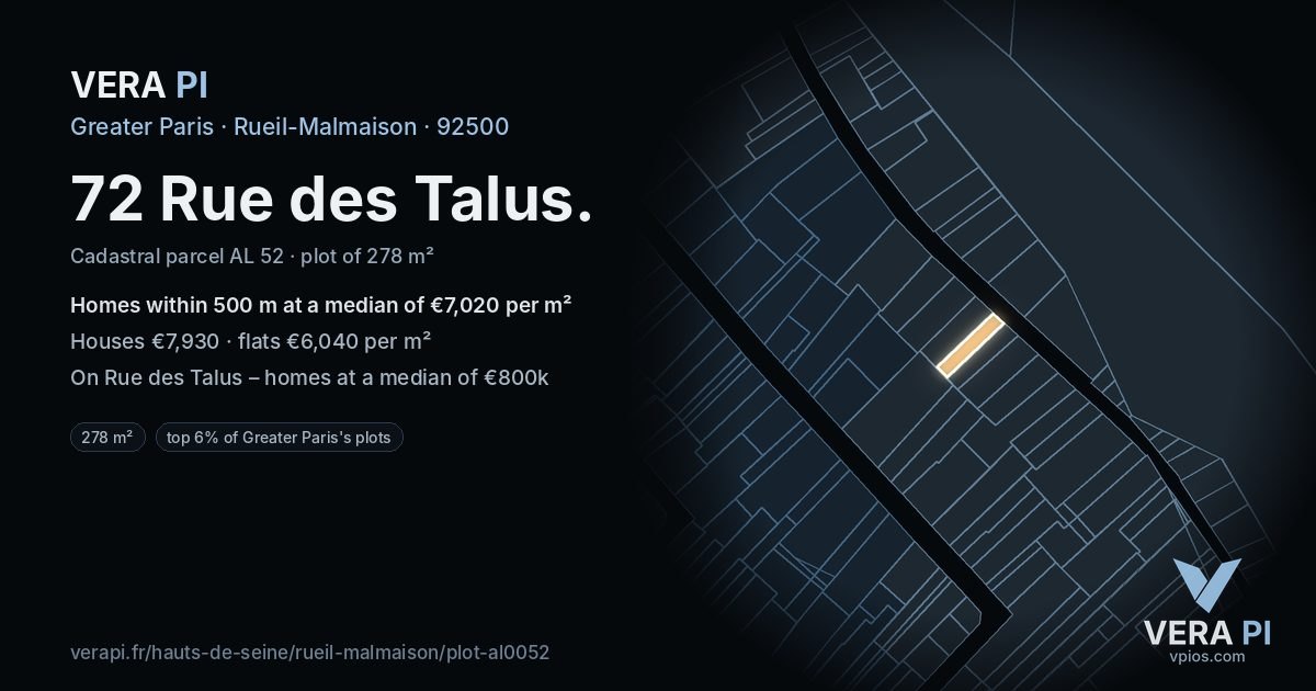 72 Rue des Talus, Rueil-Malmaison at night – the plot lit, the parcels around coloured by the prices near them