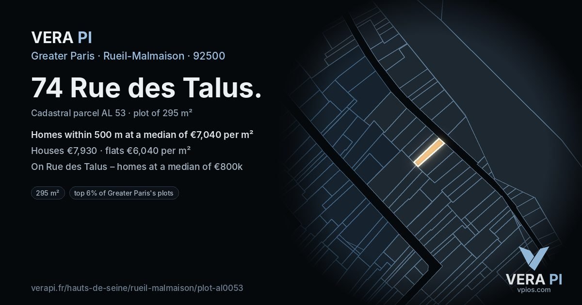 74 Rue des Talus, Rueil-Malmaison at night – the plot lit, the parcels around coloured by the prices near them