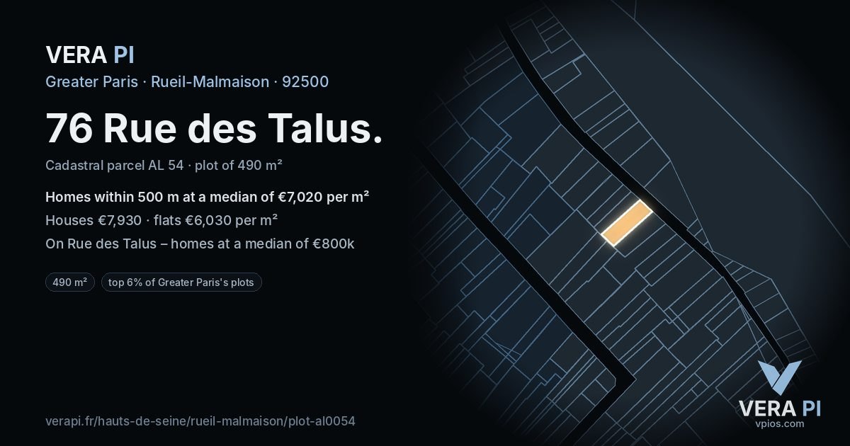 76 Rue des Talus, Rueil-Malmaison at night – the plot lit, the parcels around coloured by the prices near them