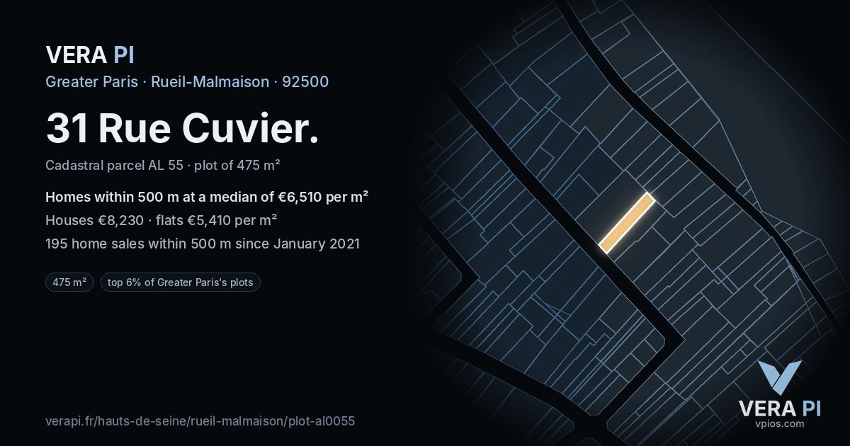 31 Rue Cuvier, Rueil-Malmaison at night – the plot lit, the parcels around coloured by the prices near them