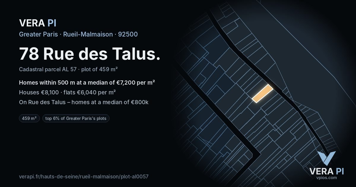 78 Rue des Talus, Rueil-Malmaison at night – the plot lit, the parcels around coloured by the prices near them