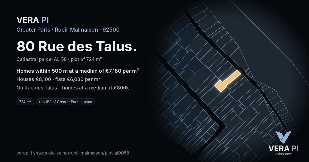 80 Rue des Talus, Rueil-Malmaison at night – the plot lit, the parcels around coloured by the prices near them