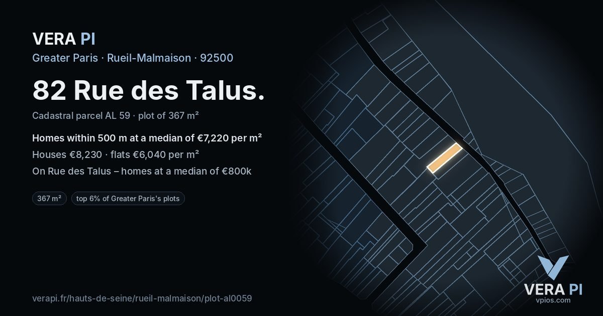 82 Rue des Talus, Rueil-Malmaison at night – the plot lit, the parcels around coloured by the prices near them