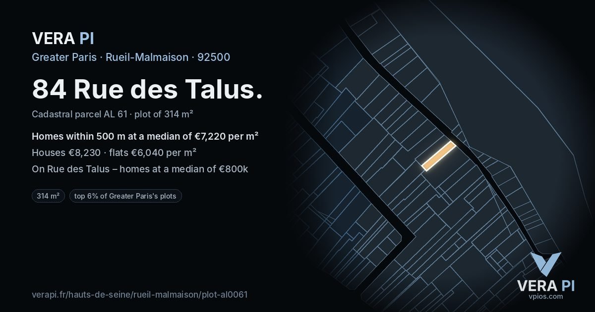 84 Rue des Talus, Rueil-Malmaison at night – the plot lit, the parcels around coloured by the prices near them