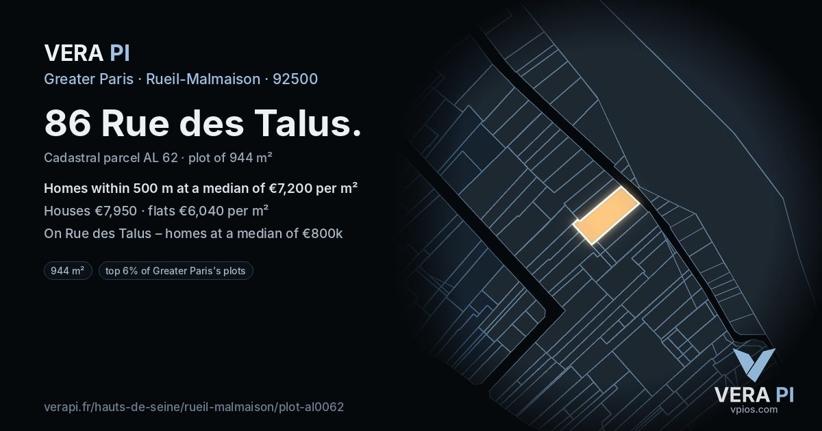 86 Rue des Talus, Rueil-Malmaison at night – the plot lit, the parcels around coloured by the prices near them