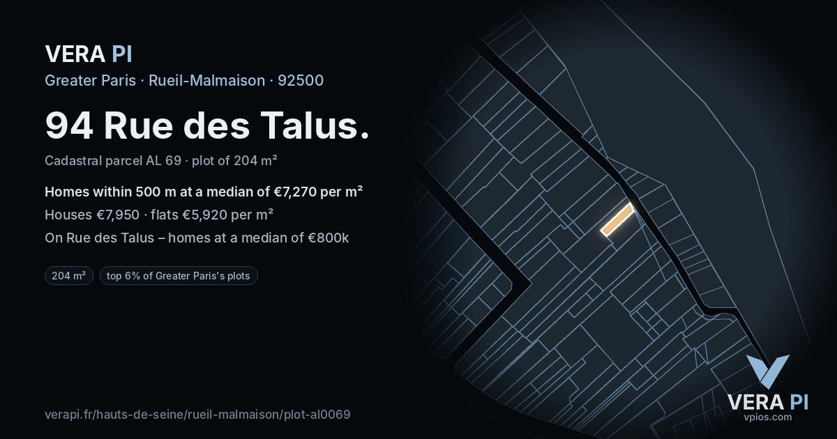 94 Rue des Talus, Rueil-Malmaison at night – the plot lit, the parcels around coloured by the prices near them