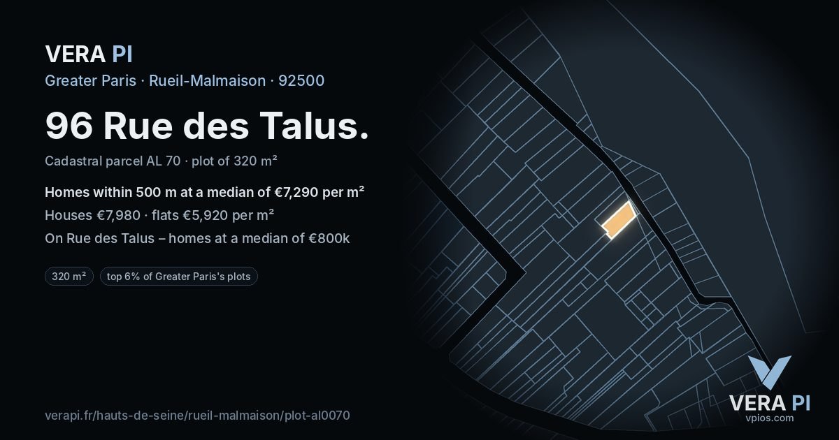 96 Rue des Talus, Rueil-Malmaison at night – the plot lit, the parcels around coloured by the prices near them