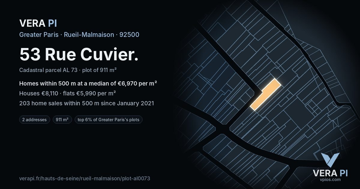53 Rue Cuvier, Rueil-Malmaison at night – the plot lit, the parcels around coloured by the prices near them