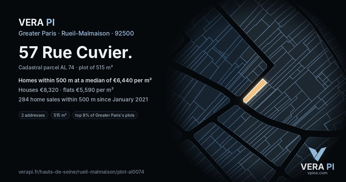 57 Rue Cuvier, Rueil-Malmaison at night – the plot lit, the parcels around coloured by the prices near them
