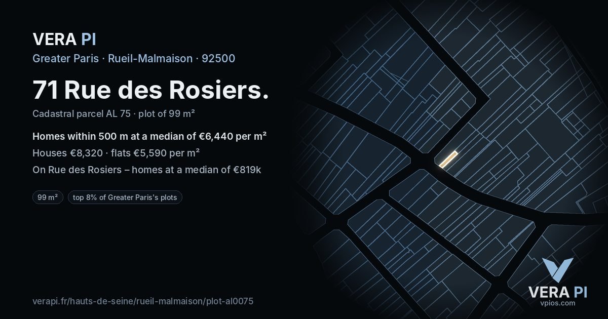 71 Rue des Rosiers, Rueil-Malmaison at night – the plot lit, the parcels around coloured by the prices near them