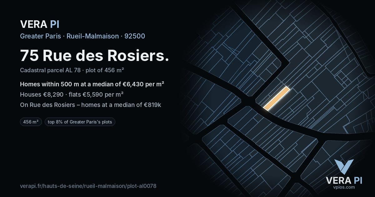 75 Rue des Rosiers, Rueil-Malmaison at night – the plot lit, the parcels around coloured by the prices near them