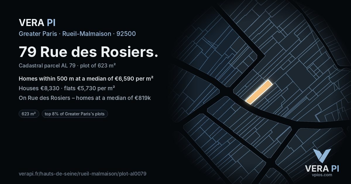 79 Rue des Rosiers, Rueil-Malmaison at night – the plot lit, the parcels around coloured by the prices near them