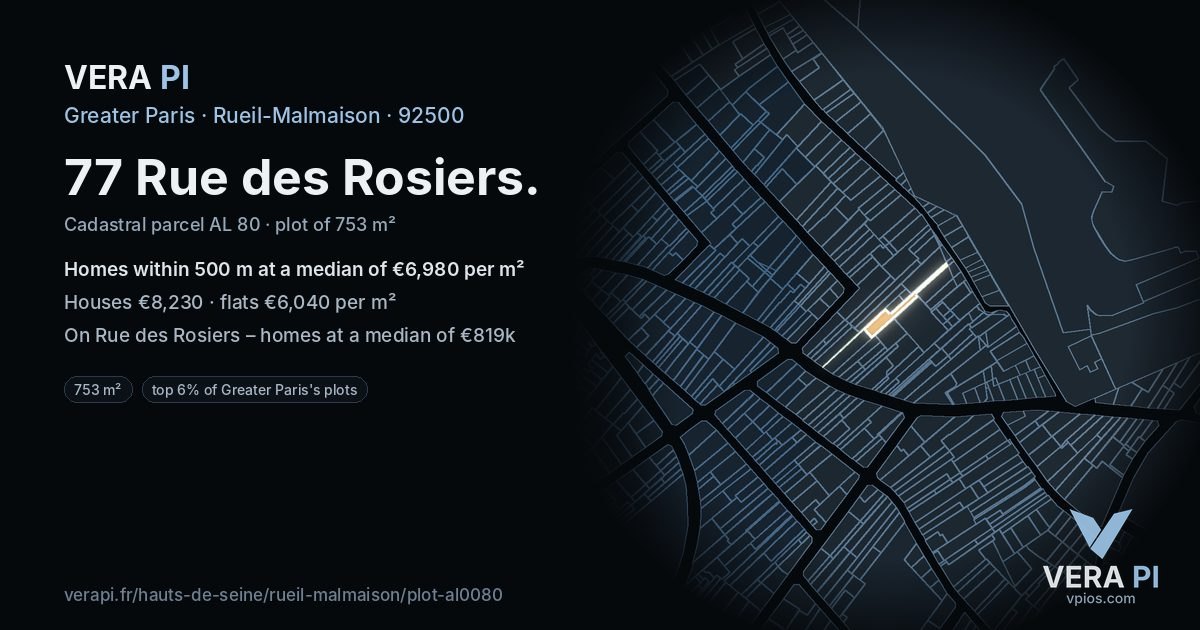 77 Rue des Rosiers, Rueil-Malmaison at night – the plot lit, the parcels around coloured by the prices near them