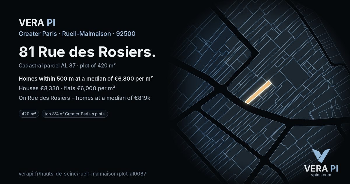 81 Rue des Rosiers, Rueil-Malmaison at night – the plot lit, the parcels around coloured by the prices near them
