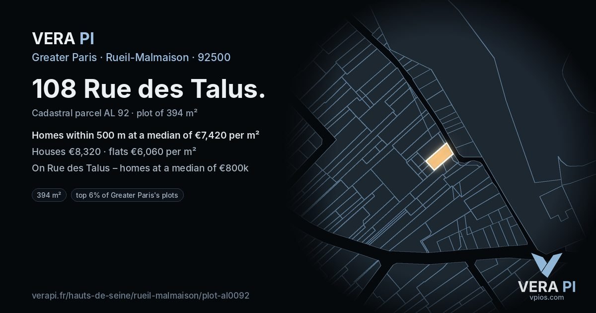 108 Rue des Talus, Rueil-Malmaison at night – the plot lit, the parcels around coloured by the prices near them