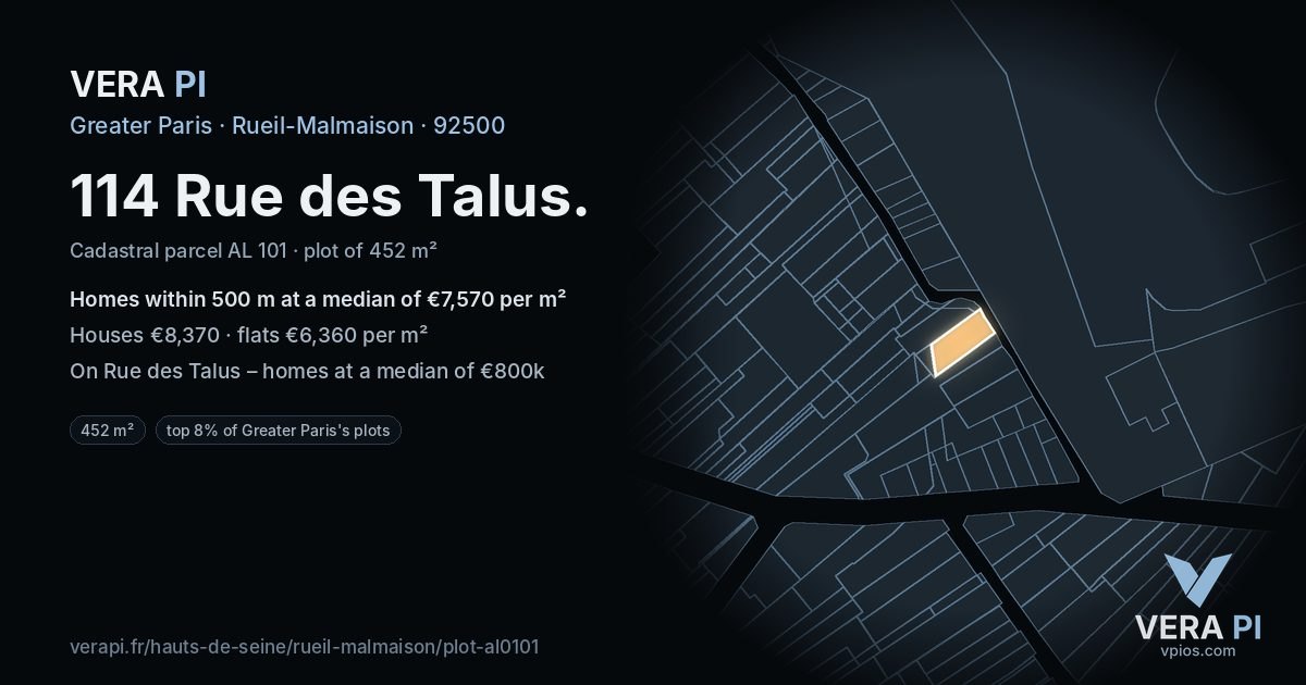 114 Rue des Talus, Rueil-Malmaison at night – the plot lit, the parcels around coloured by the prices near them