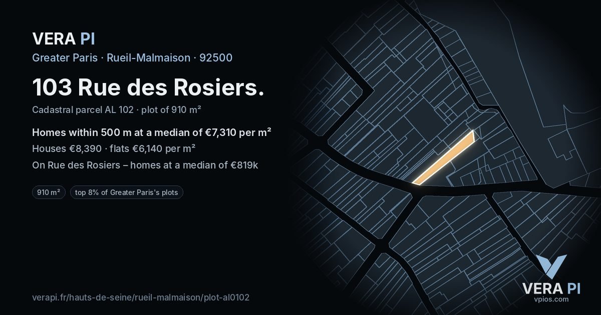 103 Rue des Rosiers, Rueil-Malmaison at night – the plot lit, the parcels around coloured by the prices near them