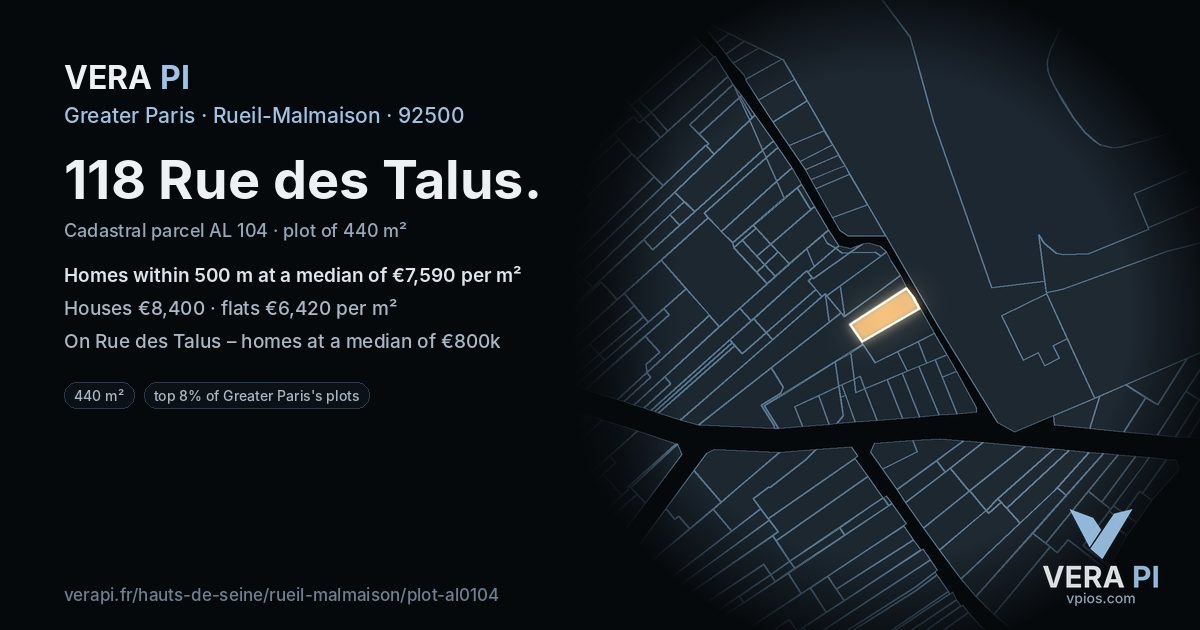118 Rue des Talus, Rueil-Malmaison at night – the plot lit, the parcels around coloured by the prices near them